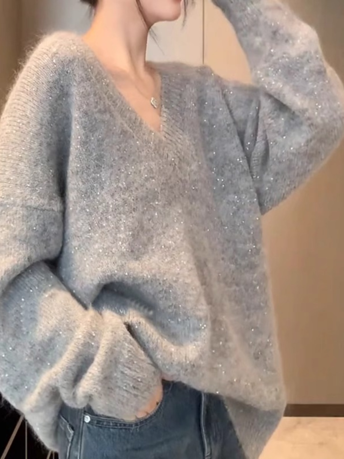 Fancy Heavy Industry Gray V-neck Sequin Sweater Female Spring & Fall 2025 New Lazy Wind Fashion All-Matching Knitwear