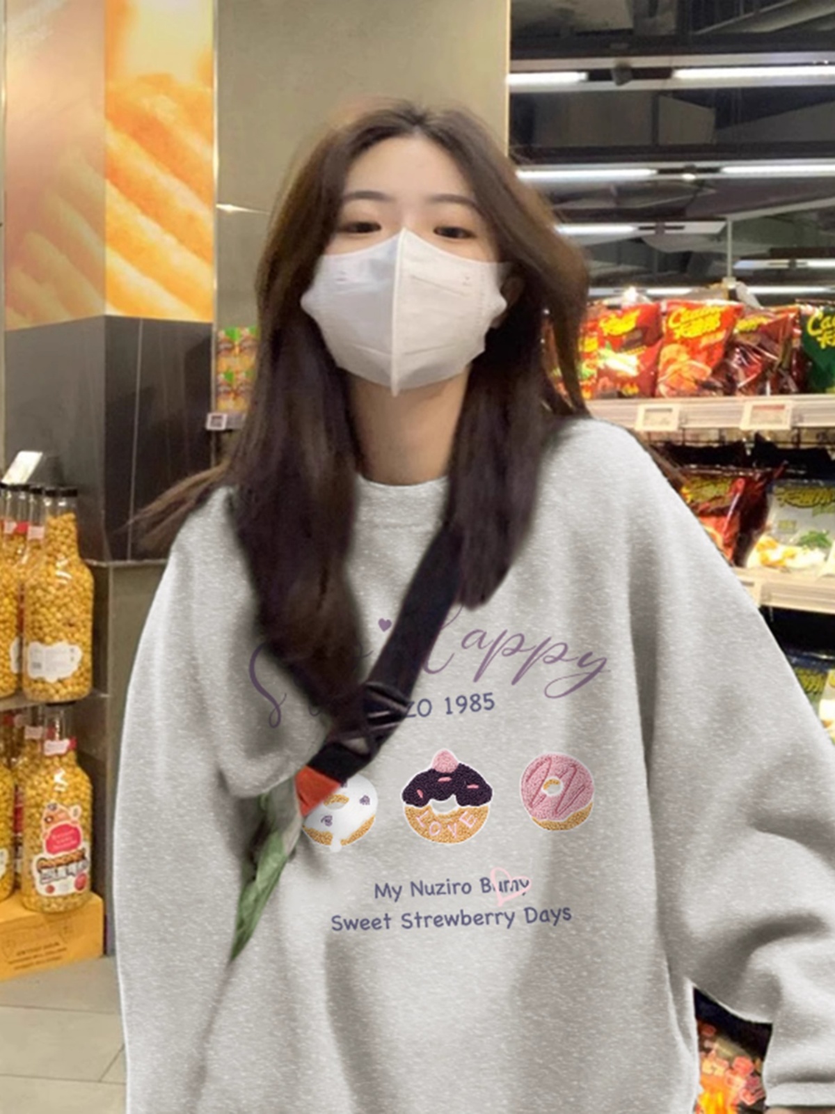 Melange Gray round Neck Sweatshirt Women's Spring and Autumn Oversize Pure Cotton Early Autumn Atmosphere Wear Match Loose Velvet Hoodie