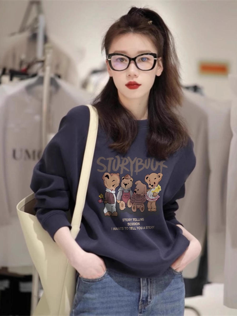 Dark Blue round Neck Sweatshirt Women's Spring & Fall Thin 2025 New Arrival Fleece-lined Thickened Long Sleeves Spring Design Blouse Tide