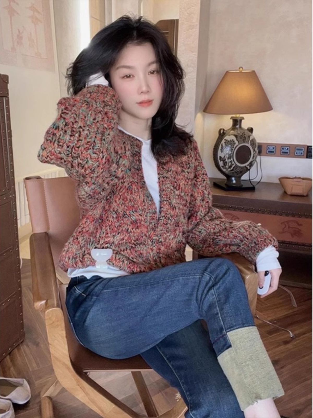 Retro Half-Open Collar Colorful Pullover Knit sweater Women's 2025 New Spring and Autumn Loose Soft Glutinous Knit Top