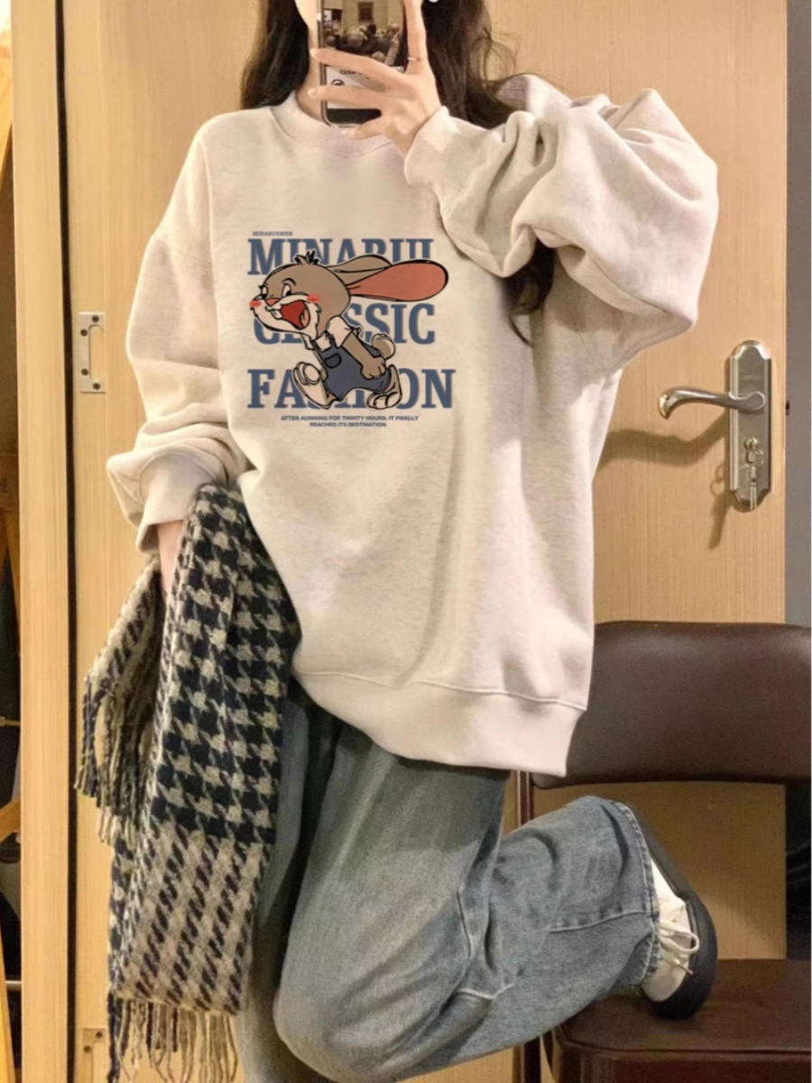 Gray Cartoon round Neck Sweatshirt Female Spring & Fall Loose Velvet Thickened American Retro Pure Cotton Stylish Top without Hood