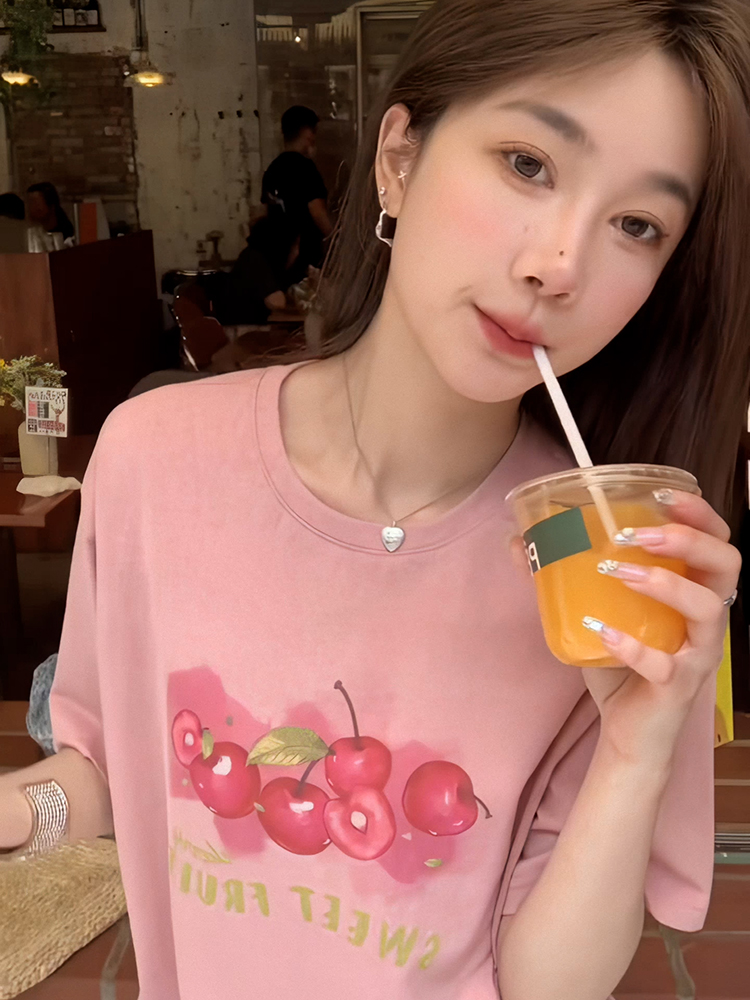 Fashion Letter Cherry Print T-Shirt 2025 New Arrival Female Stylish Loose Casual All-Matching round Neck Short Sleeve Tops