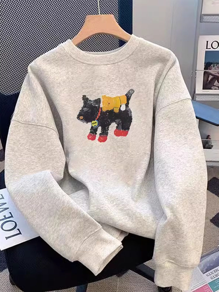 2025 Spring and Autumn New Arrival Melange Gray Velvet Padded Thickened Sweater Female Loose Best Selling Cartoon Print Top Outwear
