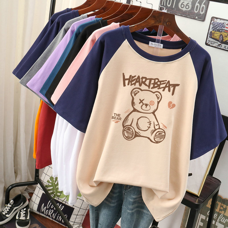 American Style Retro Bear Short-Sleeved Large Size Plus Size Ladies T-shirt