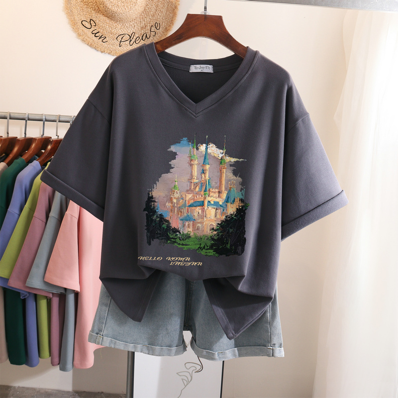 Fashion Street V-neck Short-Sleeved Retro Large Size Plus Size Ladies Printed T-shirt