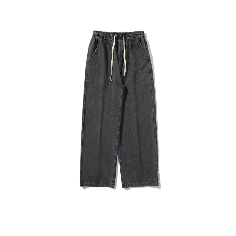 Straight-leg Denim Men's Drape Ins Hong Kong Style Autumn Leisure Trendy Loose Mop Pants Drawstring Washed Fleece-lined