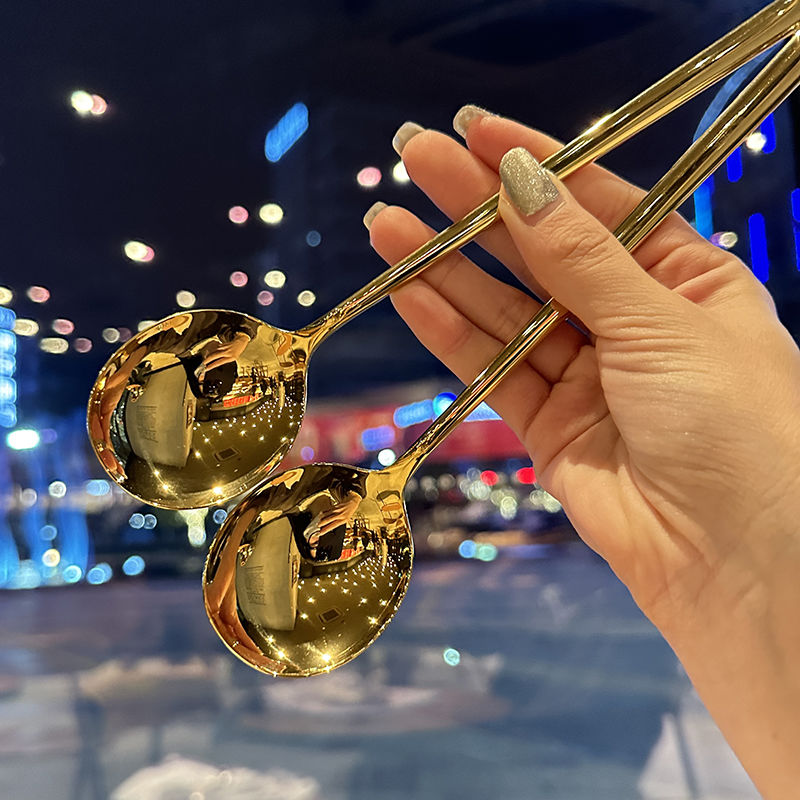 304 Stainless Steel Spoon For Home Exquisite Good-looking Korean Style Long Handle High-End Dining Golden Spoon Long Independent