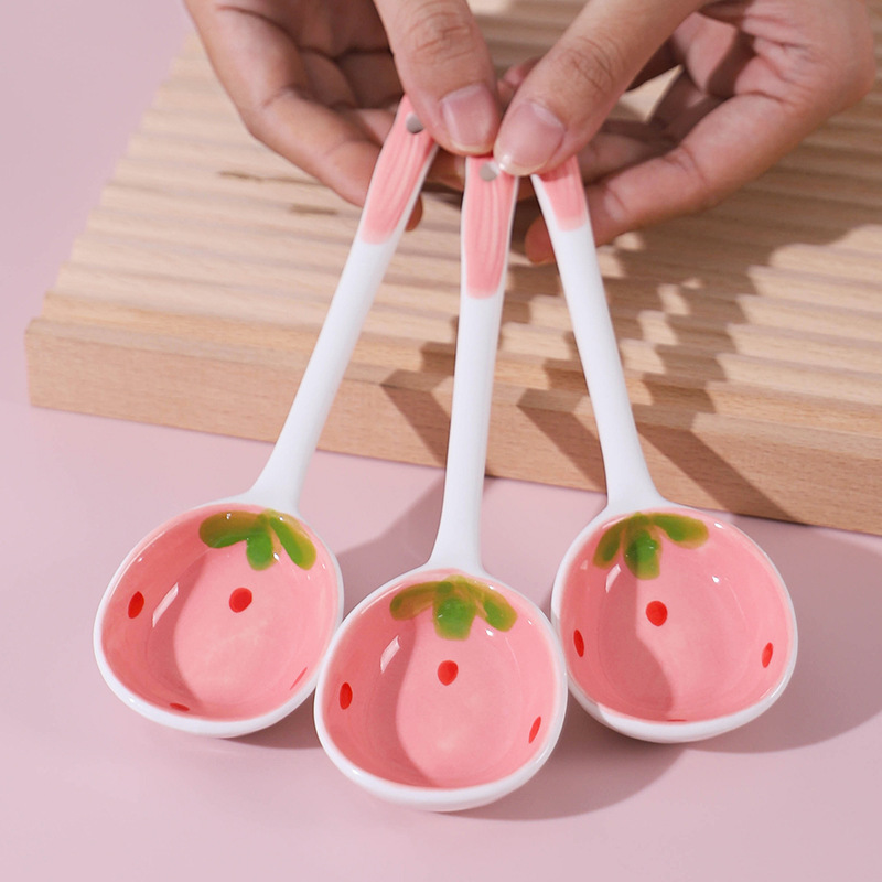 Strawberry Ceramic Ladel Underglaze For Home Soup Spoon Porridge Big Spoon Spoon Pink Young Adult Heart Tableware Noodles
