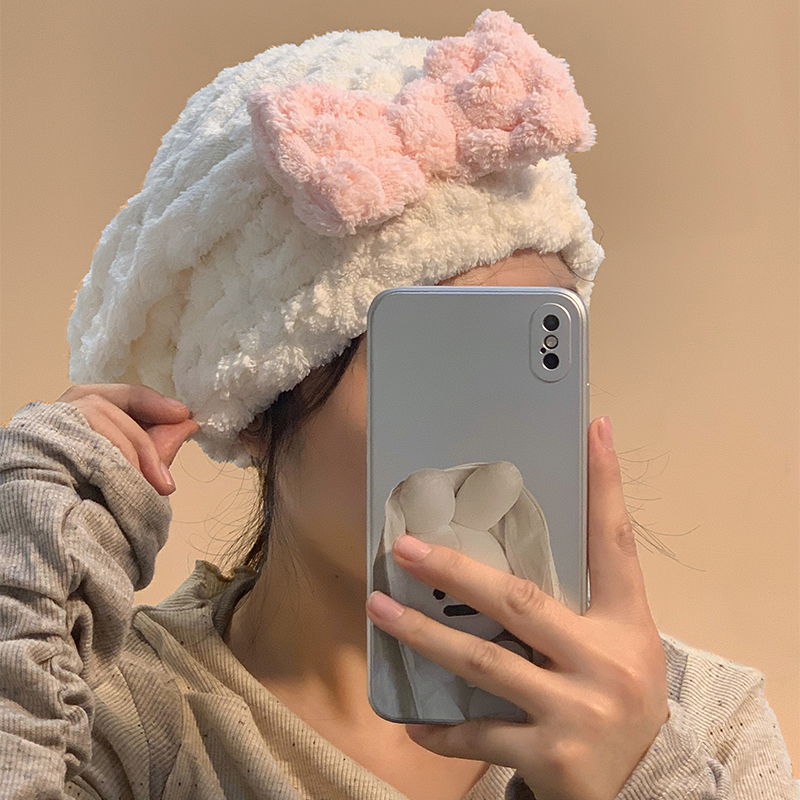 2023 New Arrival Cloud Grid Hair-Drying Cap Super Water-Absorbing and Quick-Drying Cute Bows Thickened Pullover Shower Cap Headcloth