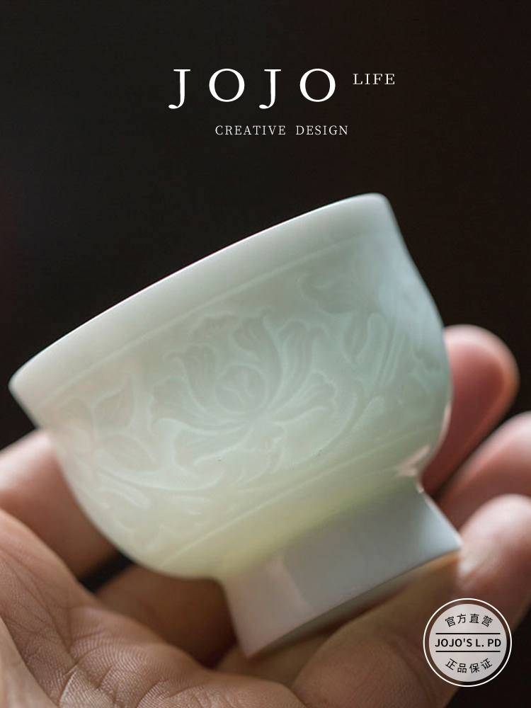 Jojo's L. Pd. Byher. Tea Cup Hutian Kiln Egg-Shell Porcelain Relief Misty Blue Hibiscus Flower High Foot | by Her
