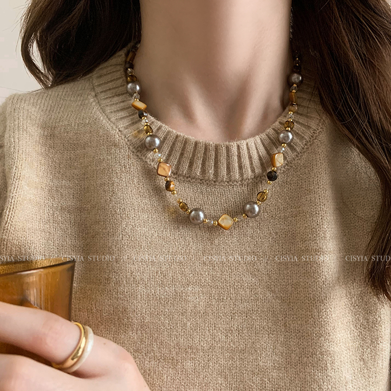 Tigereye Beaded Sweater Chain Female Spring Maillard Retro Gentle Elegant Niche Style Classy Accessible Luxury Necklace Accessories