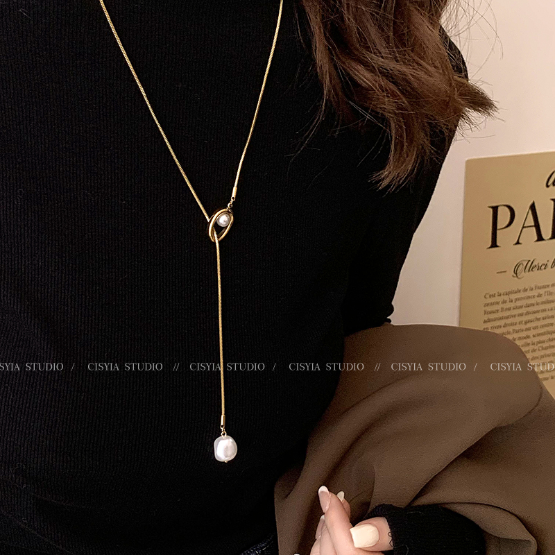 Titanium Steel No Fading Long Necklace Women's Spring Vintage Pearl Gold Sweater Chain Elegant Fancy Accessible Luxury Accessories