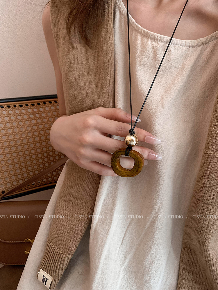 Black Rope Natural Camel Bone Long Necklace Women's Spring Fancy Retro Pendant Work Clothing Sweater Chain