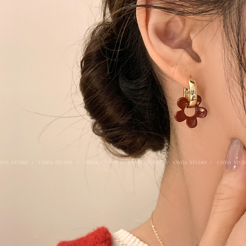 Drip Glazed Red Flower Ear Clips Earrings for Women Spring Accessible Luxury Fancy Elegant Unique Stud Earrings Ankela Red Earrings