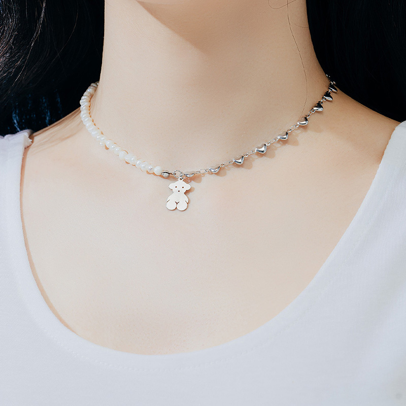 Baroque Style Freshwater Natural Pearl Necklace Female Designer Model Niche Style Clavicle Chain Titanium Steel Bear Pendant Heart