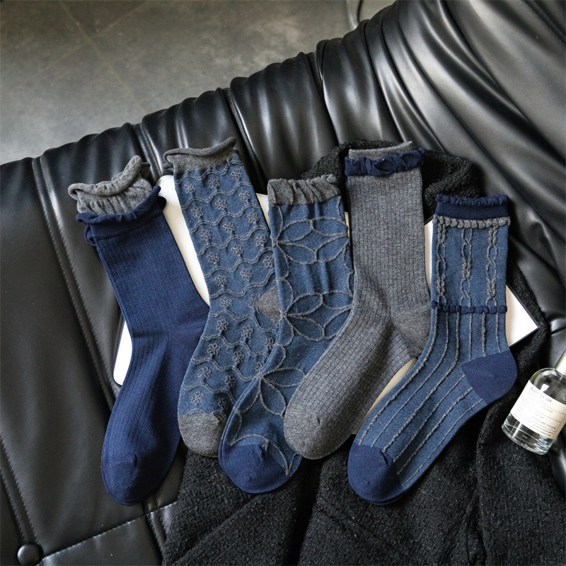 Klein Blue Socks Tube Spring, Autumn and Winter Boneless Pile Socks Women's Retro Gray Versatile Small Leather Shoes Stockings