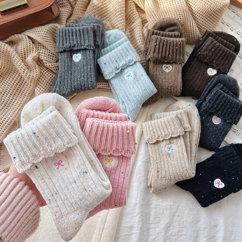 Lace Bunching Socks Flanging Japanese Style Sweet Bows Embroider Warm Mid-Calf Length Socks Heart NEPs Yarn Long Socks