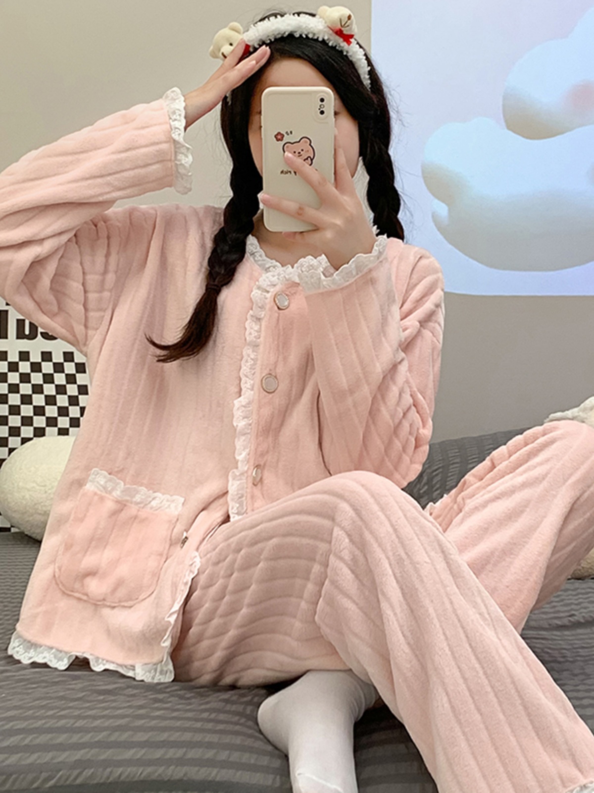Pajamas Women's Autumn and Winter Coral Fleece Fancy Fleece Lined Padded Warm Keeping Cardigan Sweet Two-Piece Set Homewear Suit