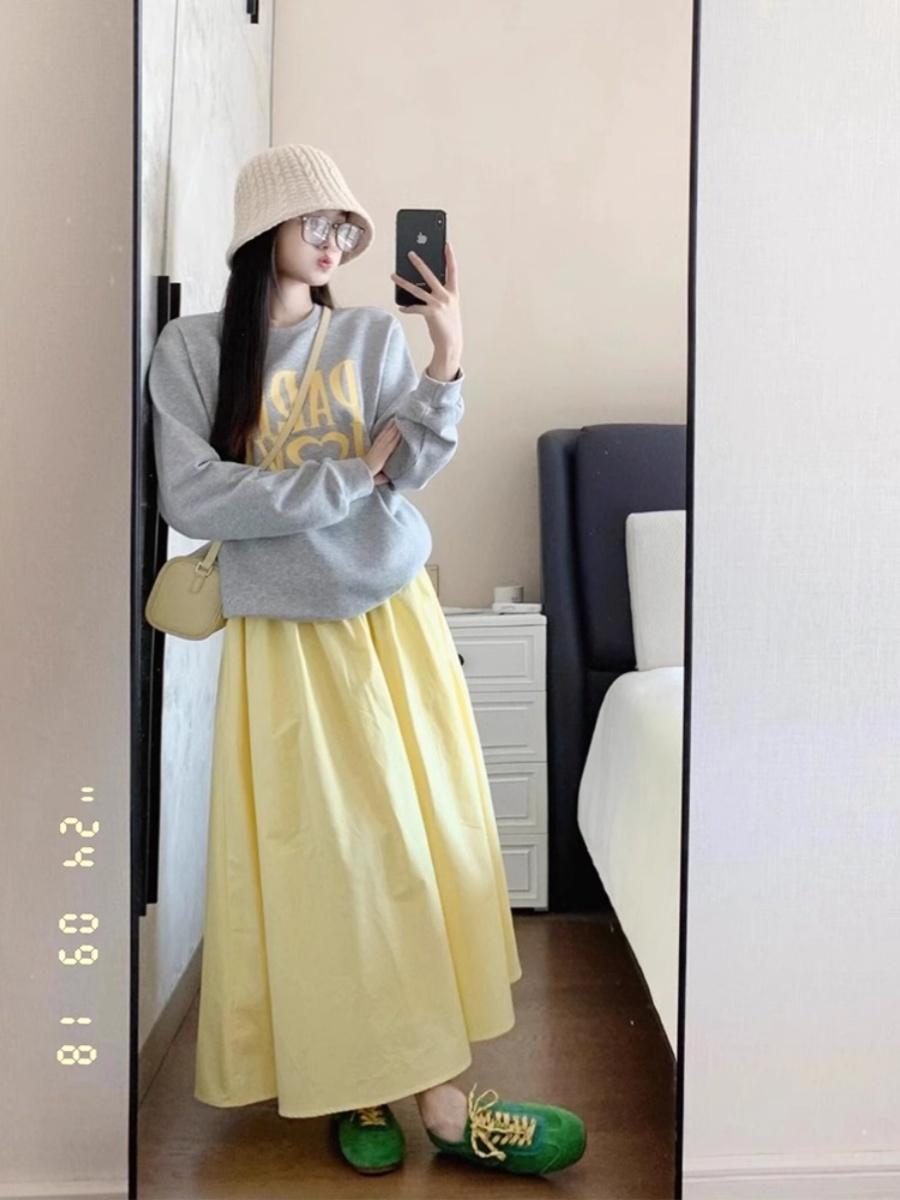 Korean Letters Print Common Gray Crew Neck Pullover Sweatshirt Women's Autumn Small Loose Casual All-Matching Tops