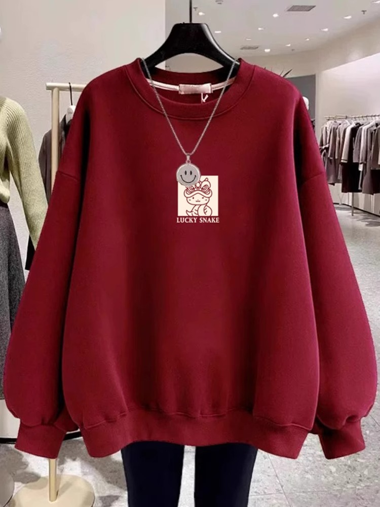 Snake Year Wine Red Sweater Velvet Padded plus Size Mid Length Long Length Women's Clothing Tops 2025 Spring & Fall Loose round Neck Birth Year Clothes
