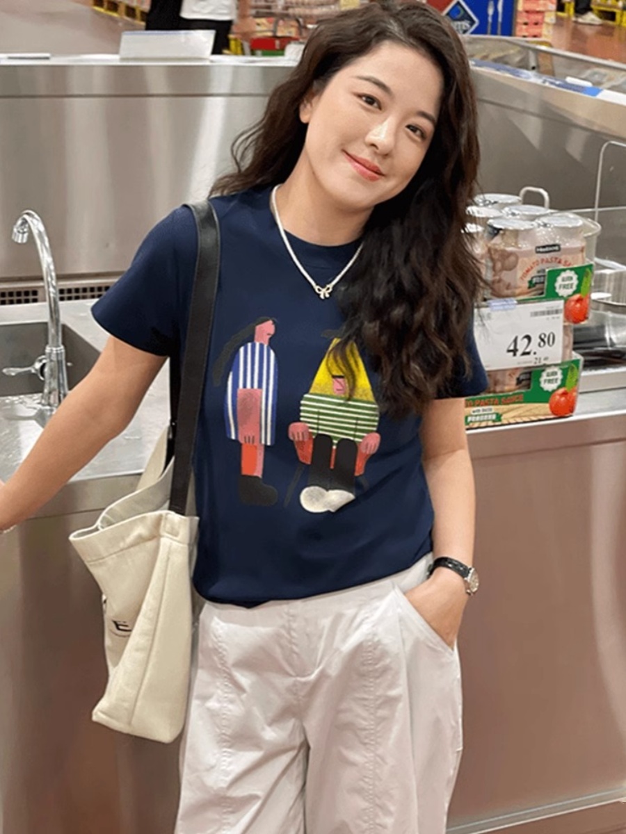 round Neck Shoulder Short Sleeve T-Shirt Women's Summer New Arrival Fashion Western Style Fashion Short Slimming Anti-Aging Top 2025