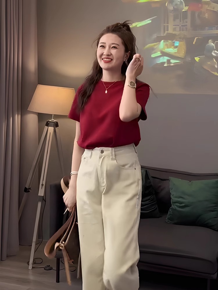 Pure Cotton Red Shoulder Short Sleeve T-Shirt Women 2025 New Arrival Summer Loose Casual Korean Style Chic Chic Tops Women