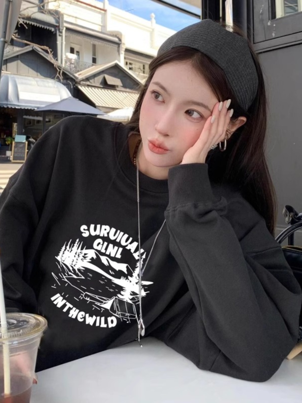 American Retro Black plus Velvet Sweatshirt Women's Spring & Fall New Design Sense Loose Casual Oversize round Neck Tops