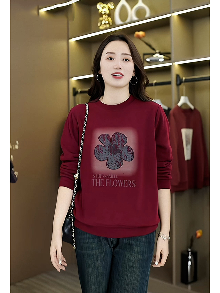 Wine Red round Neck Long Sleeves Sweatshirt Lady's Flower Print Fashion Fall Easiest for Match Casual Stylish Niche Top