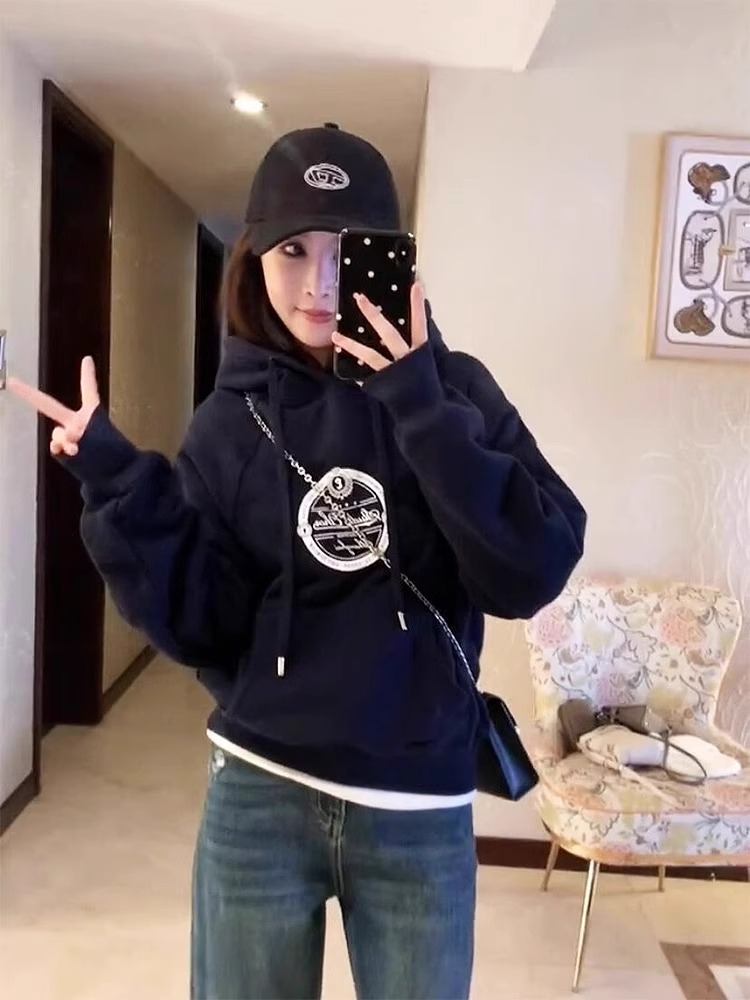 K-style Younger Fashion Printed Hoodie Women's Spring and Autumn Small Western Style Leisure Versatile Slimming Top Fashion