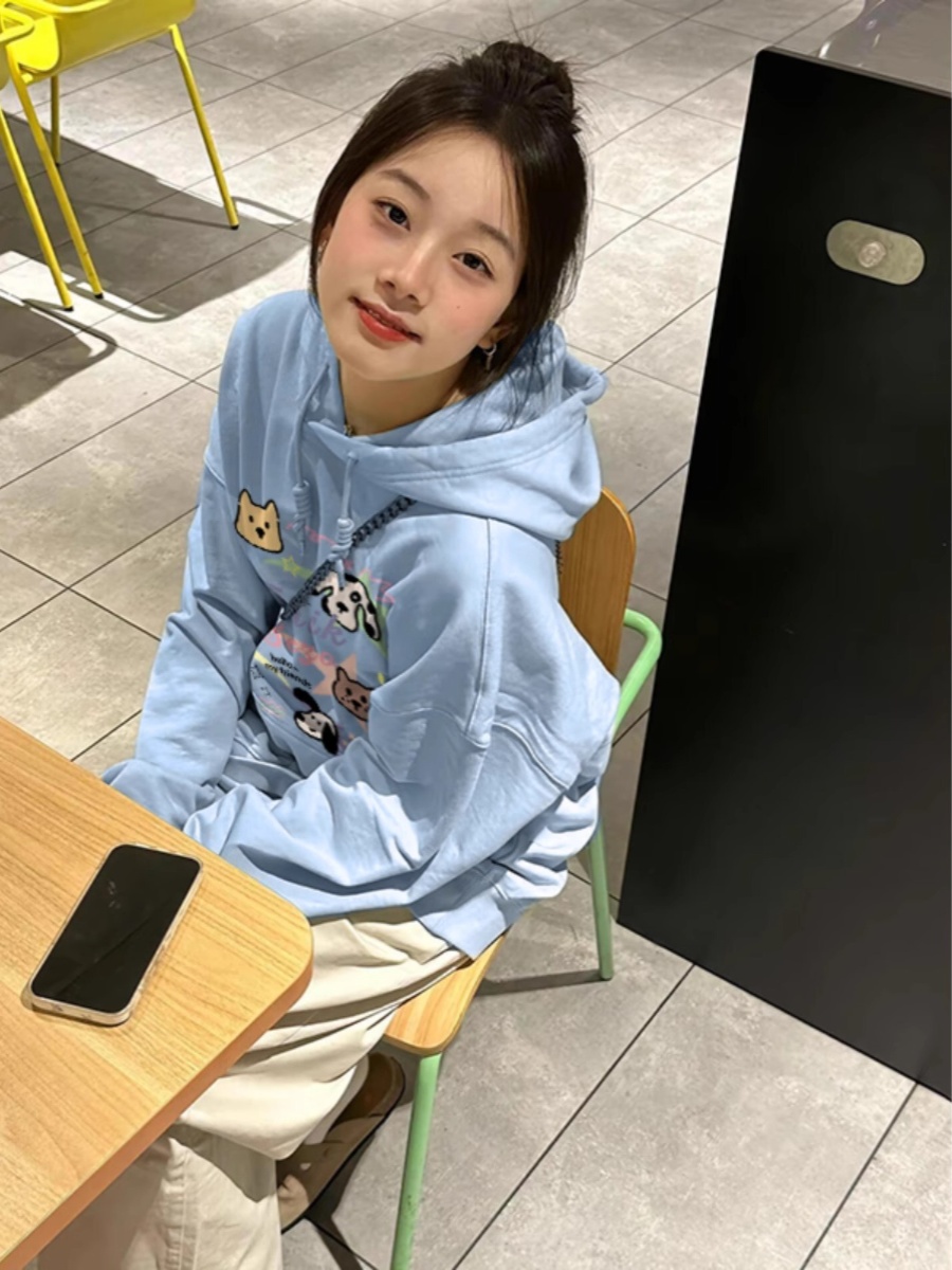 Milk Blue Cute Hooded Sweatshirt Women 2025 New Arrival Best Selling Spring and Autumn American Style Loose Idle Style Thin Outwear