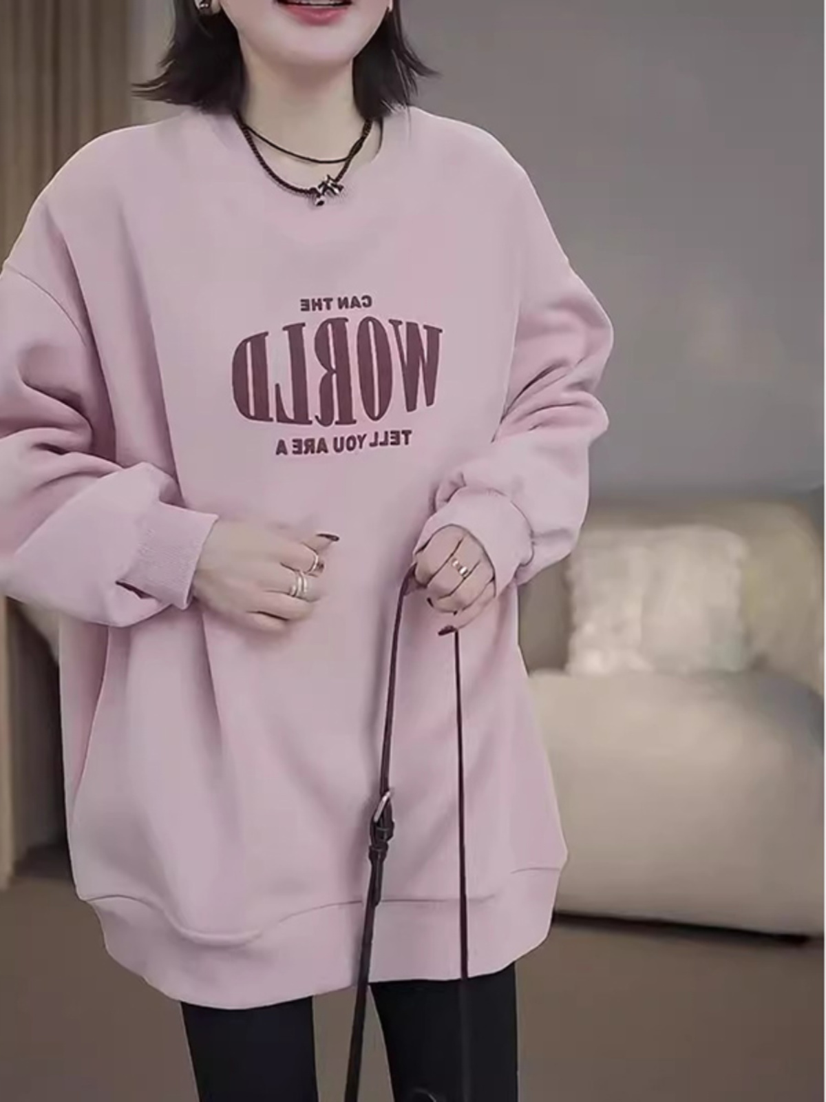 2025 Dongdaemun New Thickened Fleece-lined Mid Length Long Length Sweatshirt Women's Spring and Autumn Fashion round Neck Pullover Drop Shoulder Tops