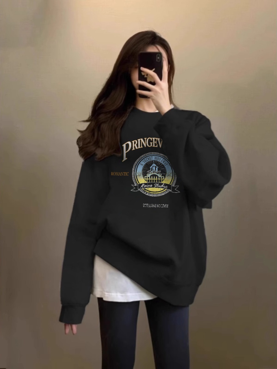 2025 Best Selling American Elegant Fancy Creative Popular Printed Crew Neck Sweatshirt Female Easiest for Match Loose Anti-Aging Top