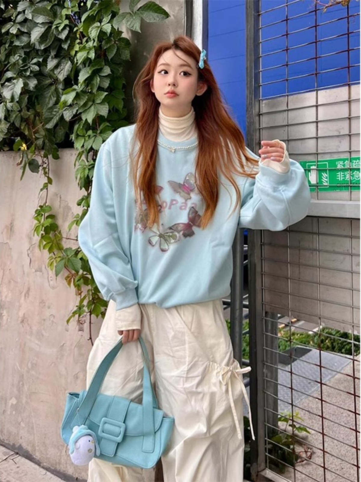 American Retro Dopamine Sweatshirt Female Spring and Autumn Butterfly Print round Neck Long Sleeves Loose and Lazy Style 100% Cotton Coat