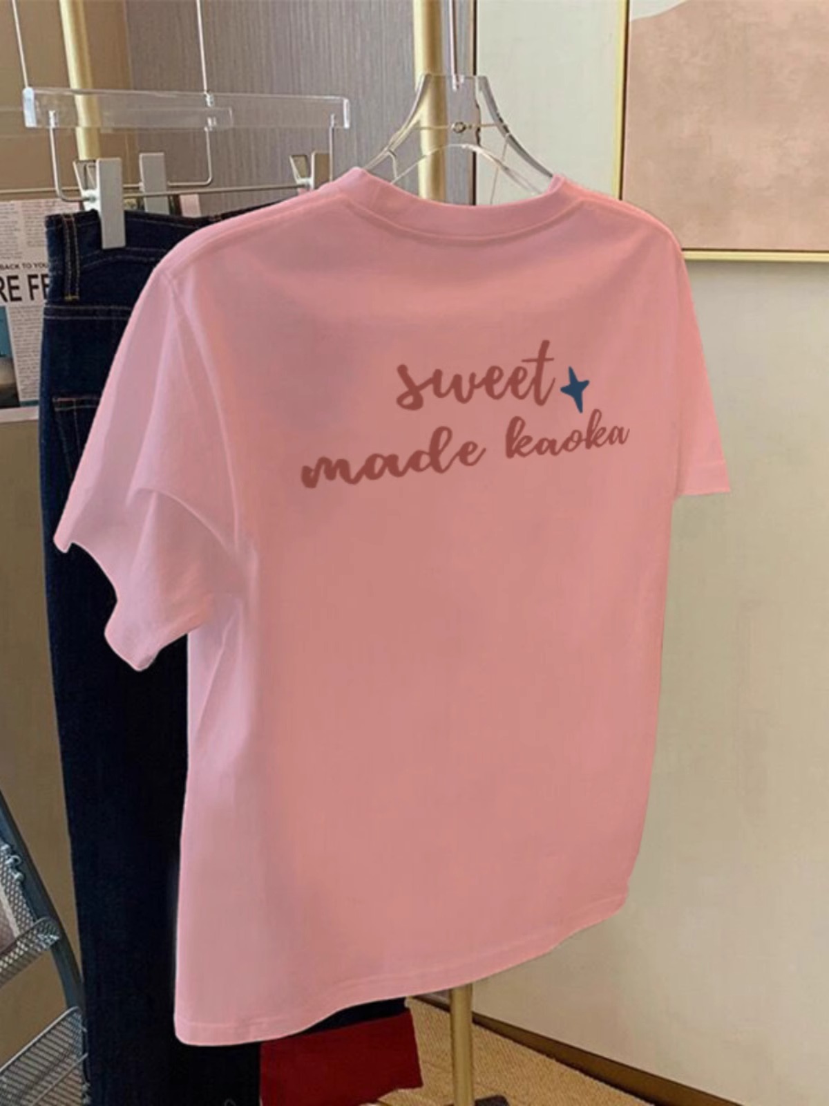 2025 Summer New Style Pink Pure Cotton Short Sleeve T-Shirt Female Loose Easiest for Match Anti-Aging Fashion Fashionable round Neck Tops Tide