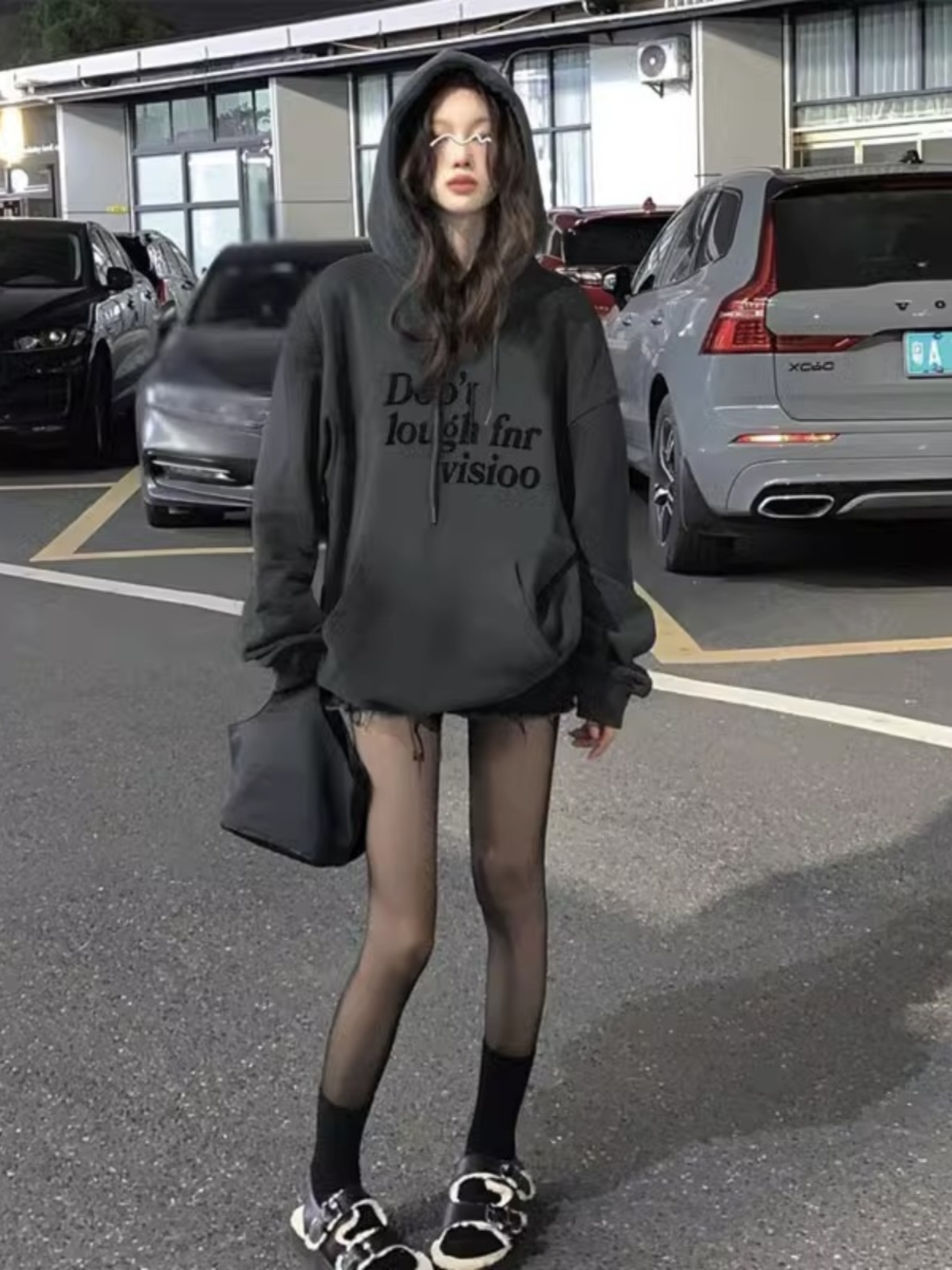 Cement Gray American Retro Hooded Sweatshirt Female Spring and Autumn Thin Unique Chic Idle Style Oversize Outwear