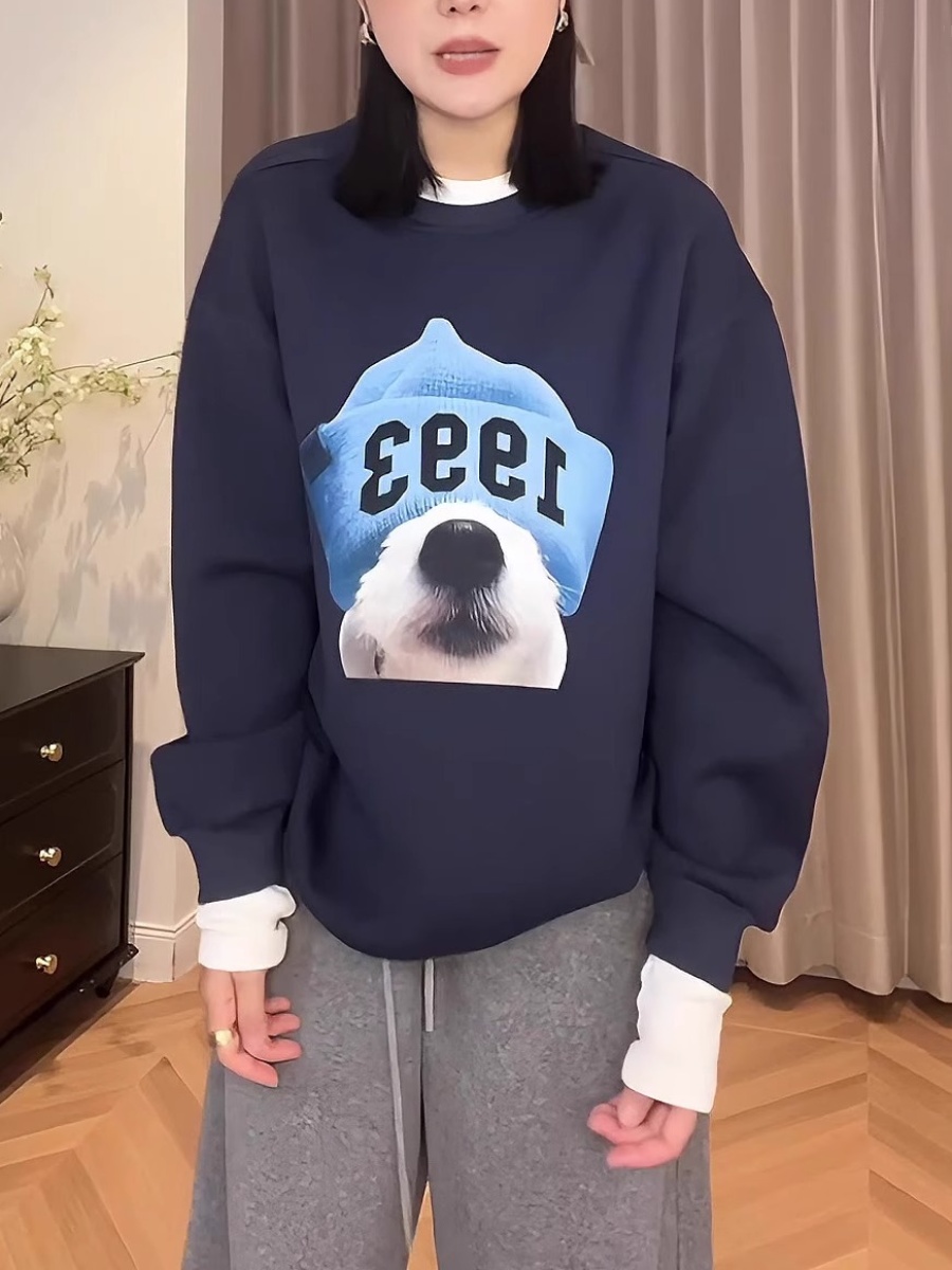 Dog Print Casual Sweatshirt Female Spring and Autumn Fleece Thick round Neck Pullover Long Sleeves Loose Plus Size European Style Tops Tide