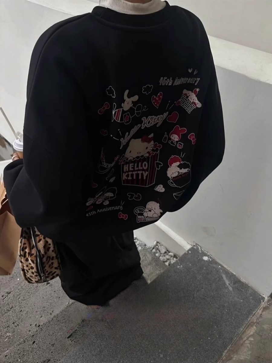 American Retro Niche Style Cartoon Kitty Cat Print Loose round Neck Fleece-Lined Sweater Female Spring & Fall Lazy Style Top