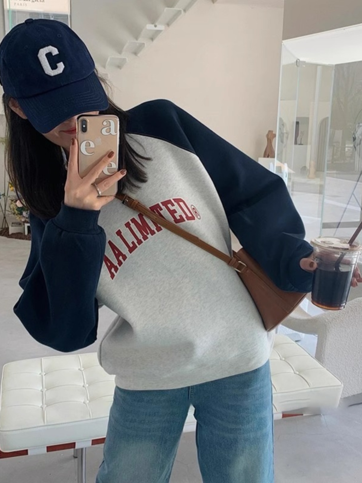 American Retro Raglan Long Sleeve Crew Neck Sweater Women's Spring and Autumn Small Fancy Lazy Chic Shoulder Tops