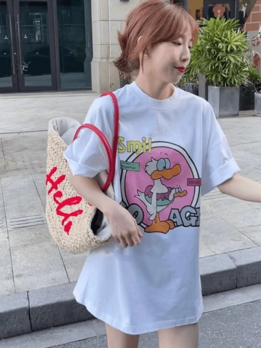 European Goods Cartoon Print round Neck Mid-Length Short-Sleeved T-shirt Female Summer New Arrival Loose Easiest for Match Lazy Style Top Tide