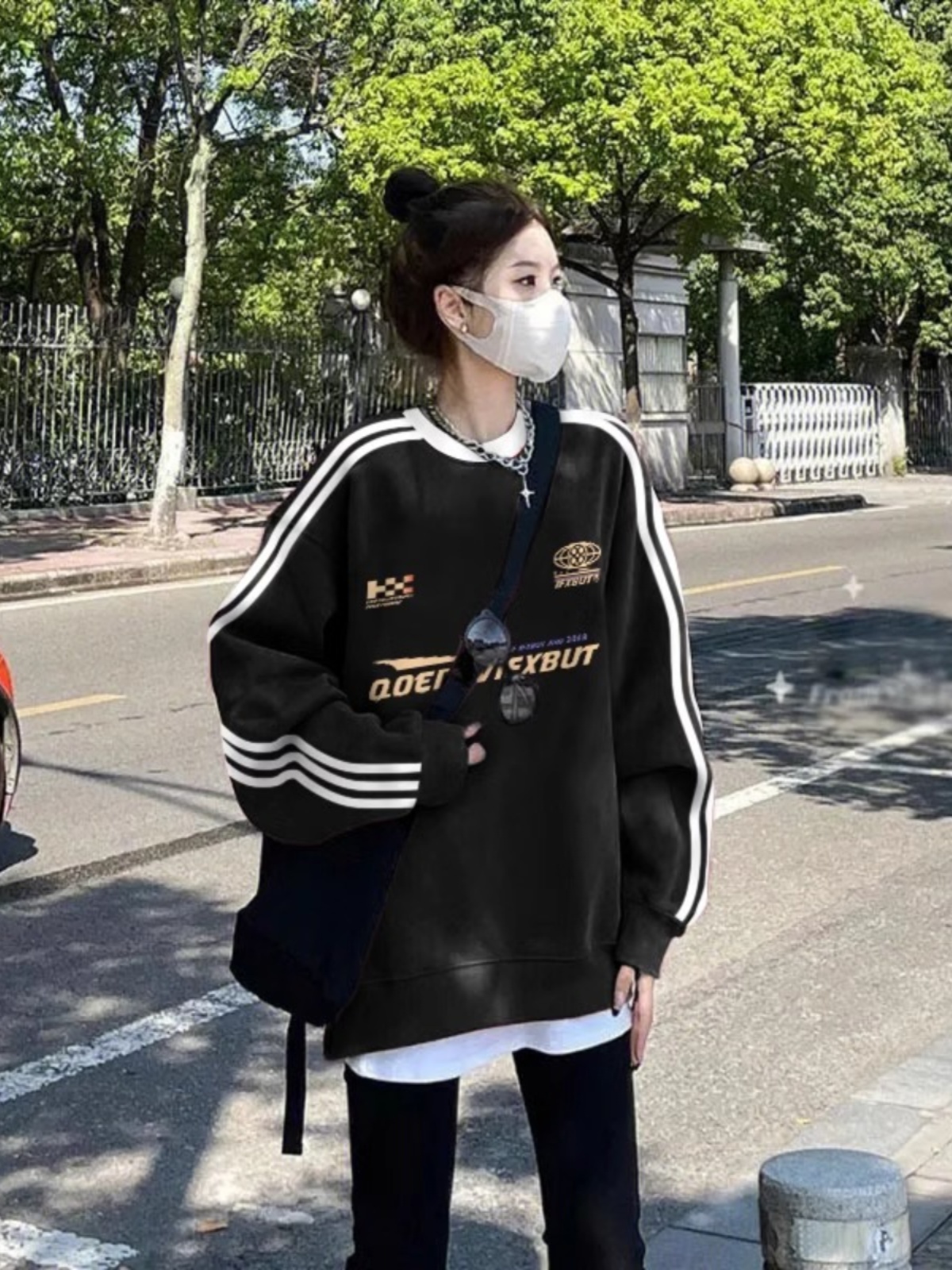 Black Three Bars Stripes Sweatshirt Women's Spring & Fall New Arrival Best Selling American Style Loose Women's Thickened Outwear Base Tops