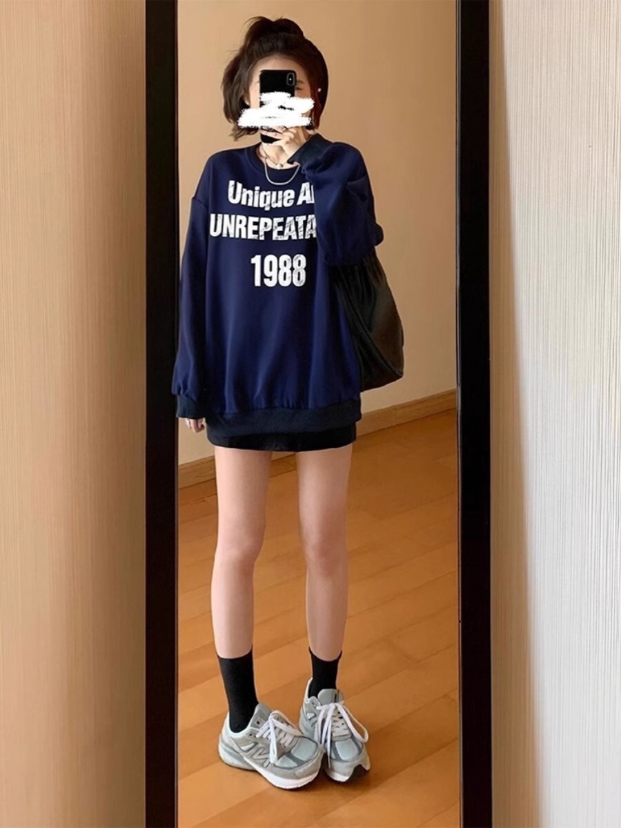 Korean Style Idle Style round Neck Letter Print Sweatshirt Women's Spring and Autumn Loose Slim Looking Fancy Long Sleeve Pullover Top