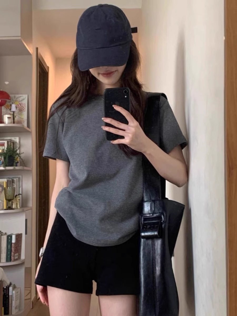 2025 New Arrival Summer Loose Fashion Versatile Dark Gray Tops Fancy round Neck Shoulder Short Sleeve T-shirt Women's Clothing