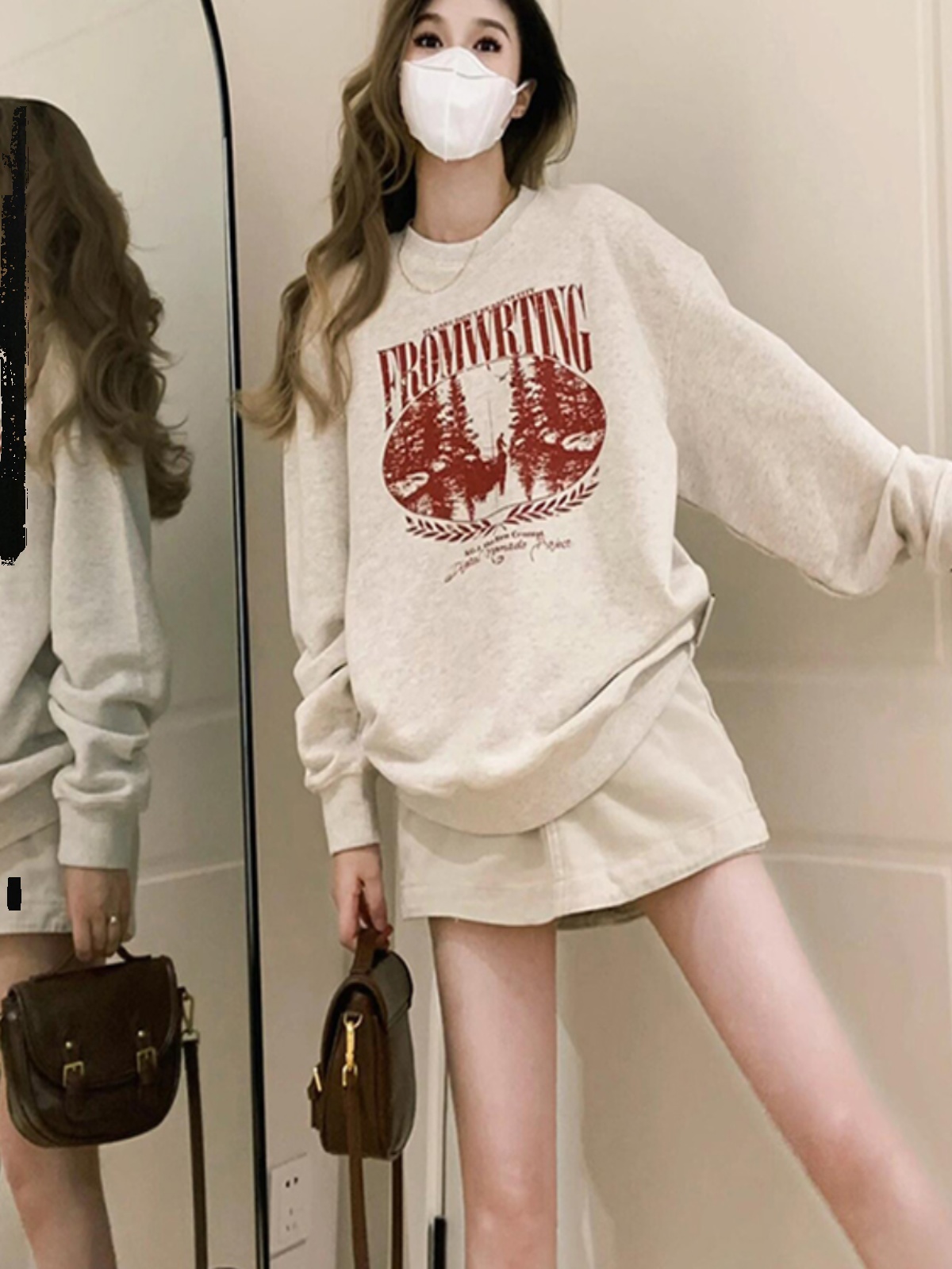 American Retro Country Trendy Fun Printing round Neck Long Sleeves Sweatshirt Women's Spring and Autumn Loose Casual Lazy Style Top