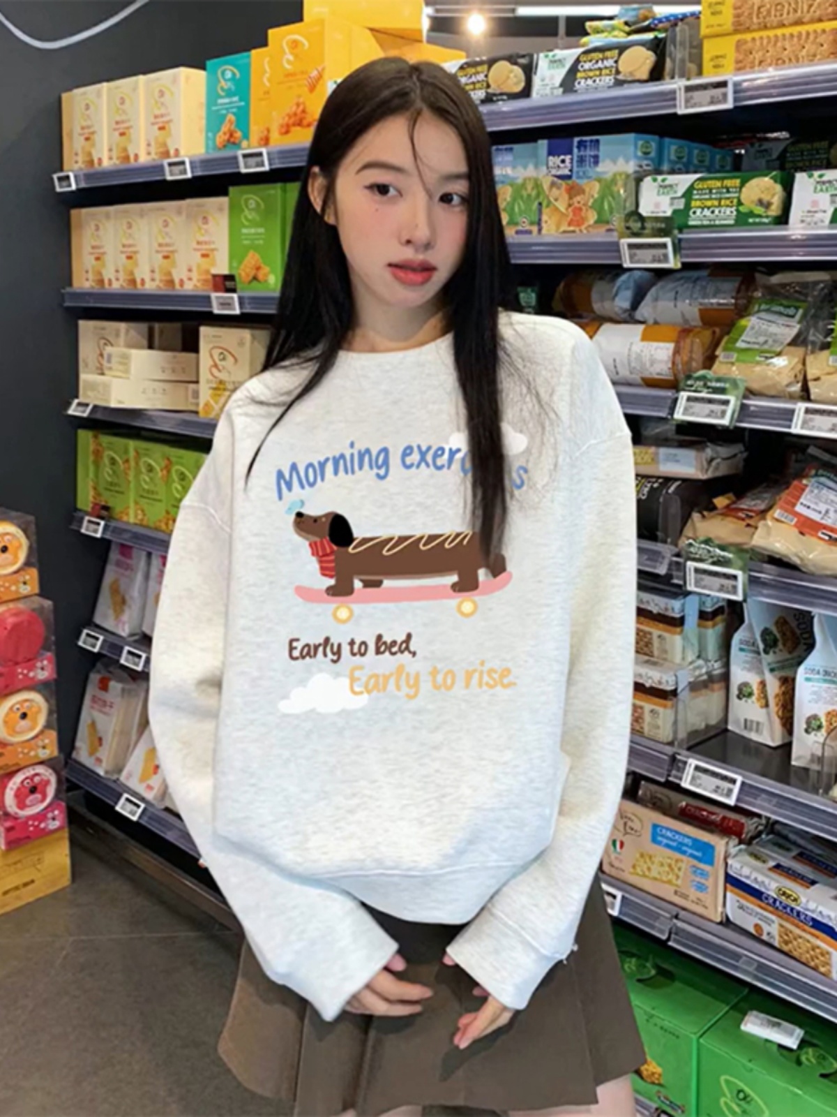 2025 New Arrival Chic Preppy Style Work Clothing Melange Gray Sweatshirt Female Loose Super Nice Sausage Dog Print Tops Thin