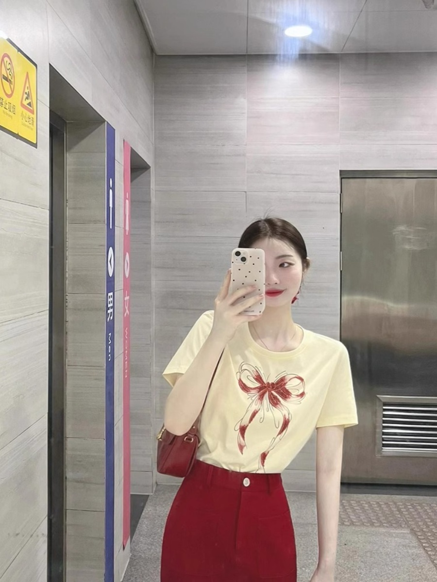 Fashion Trendy Sense of Design Bows Print Short-Sleeved T-shirt Women's Summer New Arrival Loose Small Anti-Aging Top