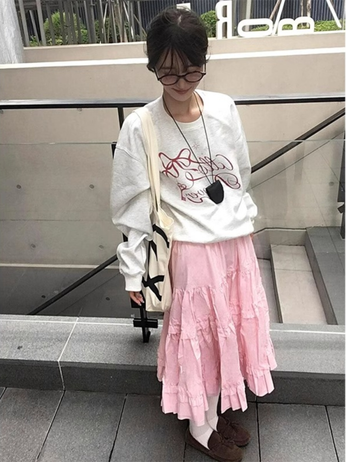 American Gray Sweater Women's Autumn Bows Print Loose Pullover Long Sleeves Vintage Lazy Style Top Ins