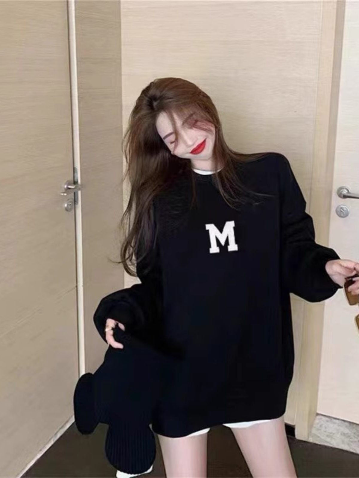 Black, Hoodie Women's Spring and Autumn 2025 New Arrival Mid Length Long Length Loose Easiest for Match Design Print Velvet Padded Thickened Top