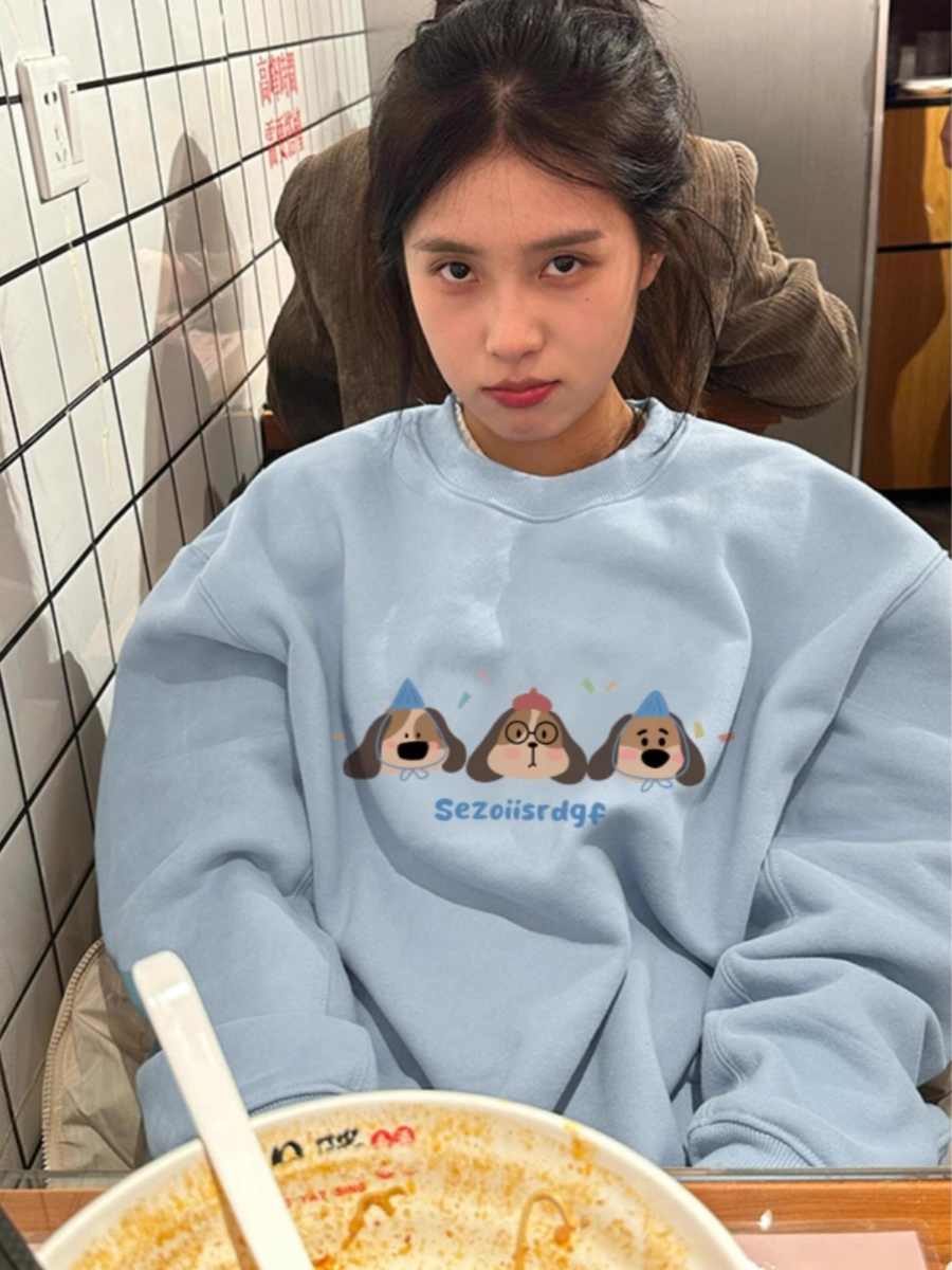 Milk Blue Sweatshirt Women's 2025 New Arrival Best Selling Early Autumn Cute Loose round Neck without Hat Shoulder Long Sleeves Tops