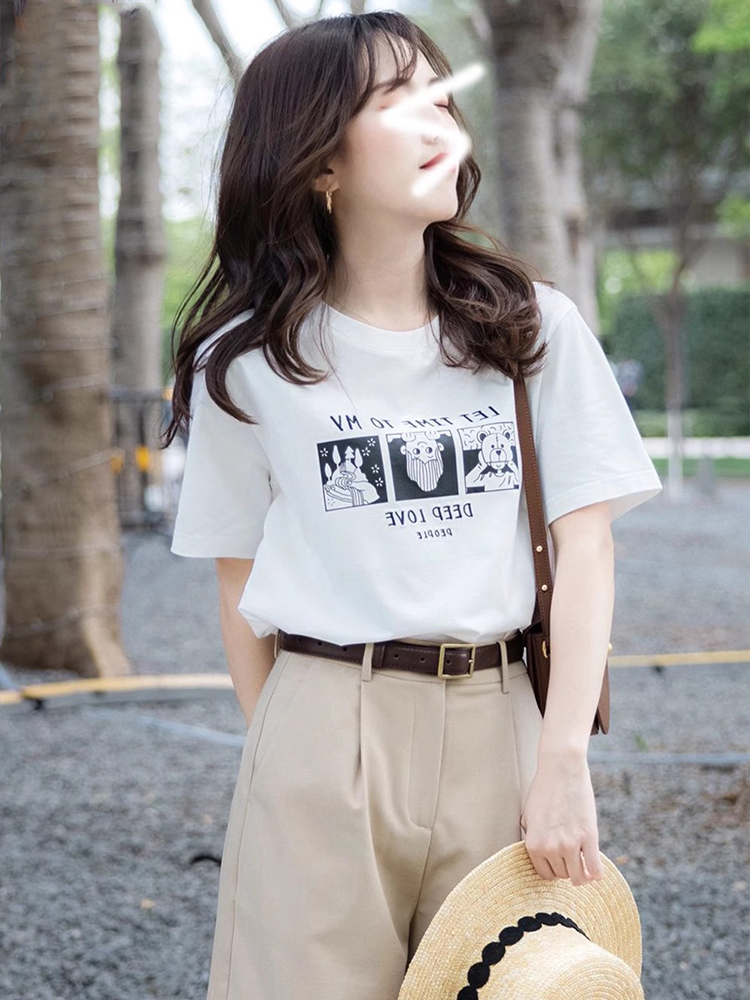 American Stylish Print round Neck Short Sleeve T-Shirt Women 2025 New Arrival Summer Small Niche Style Chic Loose Tops