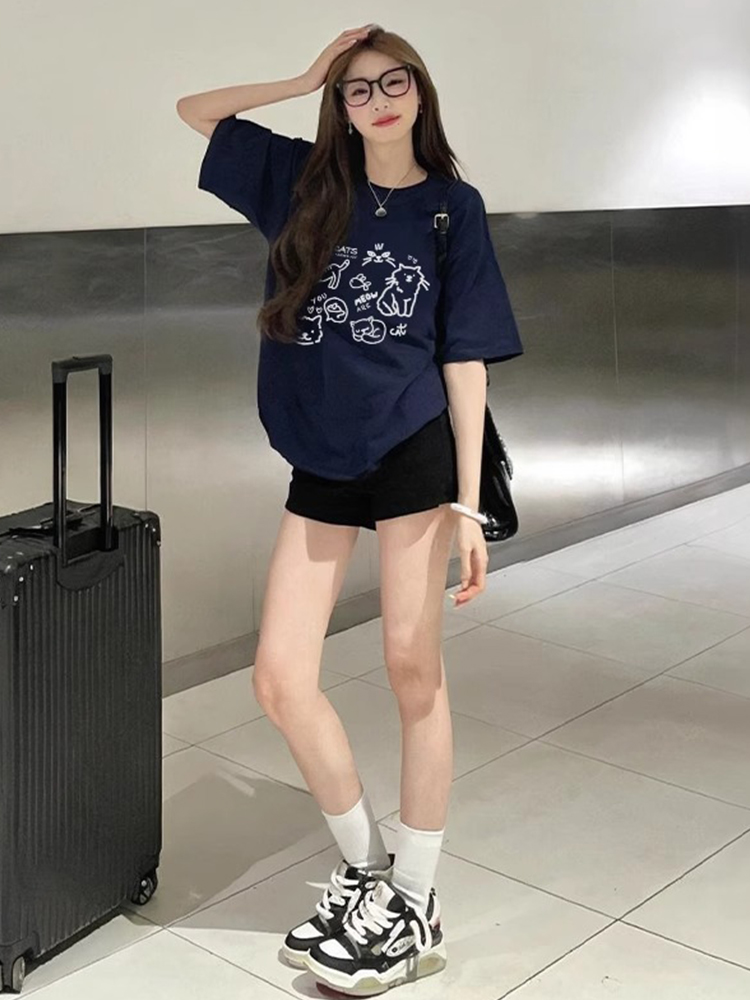 American-Style Shoulder T-Shirt Women's Short-Sleeved Summer 2025 New Arrival Best Selling Dark Blue Loose Half-Sleeve T-shirt Top Clothes
